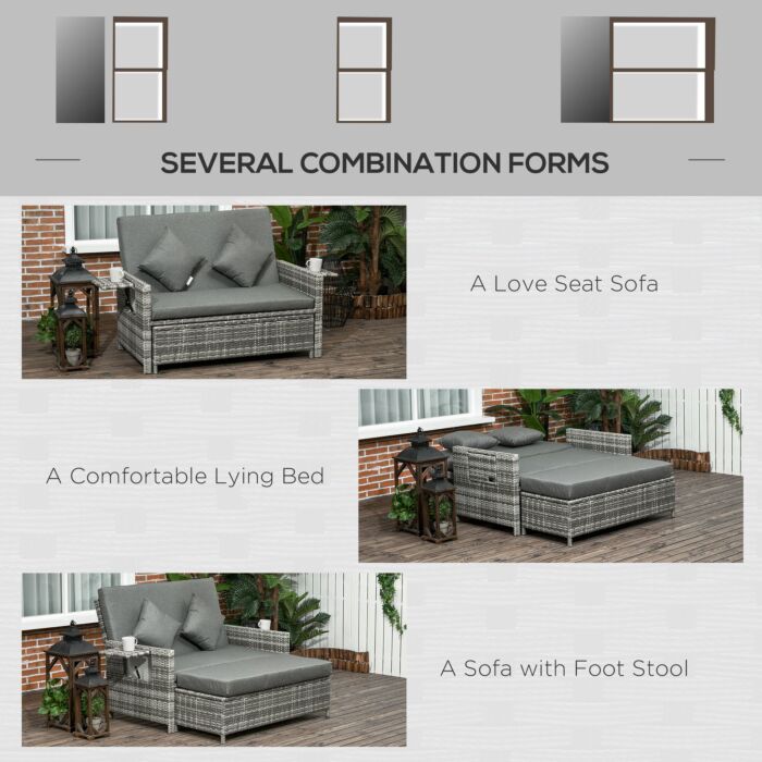 Outsunny 2 Seater Assembled Garden Patio Outdoor Rattan Furniture Sofa Sun Lounger Daybed With Fire Retardant Sponge - Grey