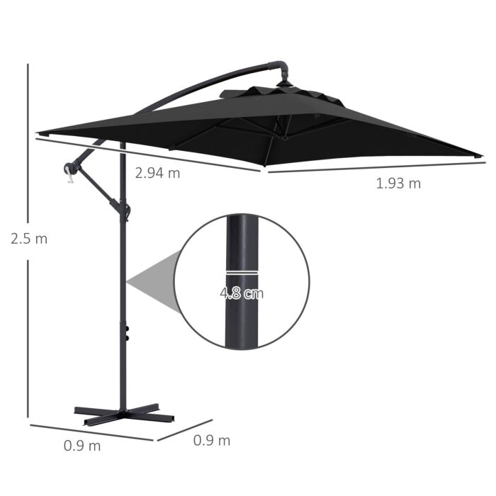 Outsunny 3x2m Cantilever Parasol With Cross Base, Banana Parasol With Crank Handle And 6 Ribs, Rectangular Hanging Patio Umbrella