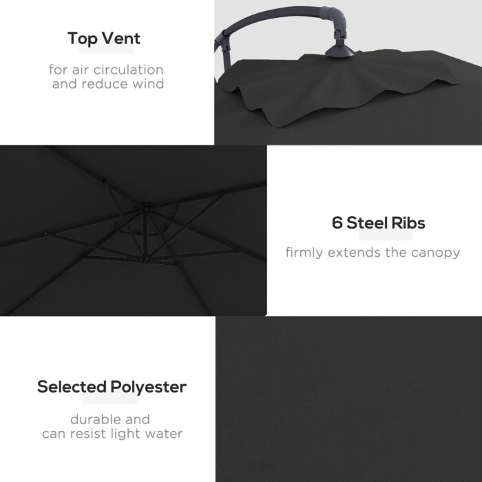 Outsunny 3x2m Cantilever Parasol With Cross Base, Banana Parasol With Crank Handle And 6 Ribs, Rectangular Hanging Patio Umbrella