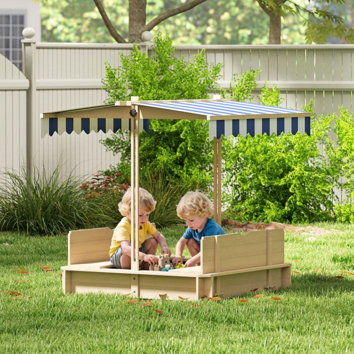 Outsunny Children Cabana Sandbox Kids Square Wooden Sandpit Outdoor Backyard Playset Play Station Adjustable Canopy, 106x106x121cm