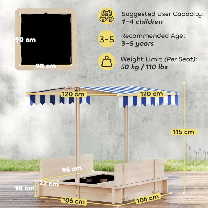 Outsunny Children Cabana Sandbox Kids Square Wooden Sandpit Outdoor Backyard Playset Play Station Adjustable Canopy, 106x106x121cm