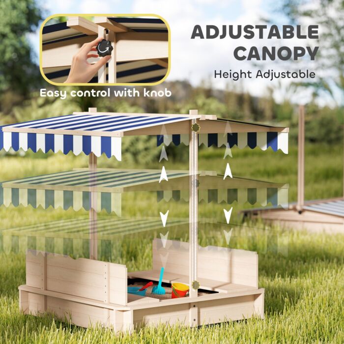 Outsunny Children Cabana Sandbox Kids Square Wooden Sandpit Outdoor Backyard Playset Play Station Adjustable Canopy, 106x106x121cm