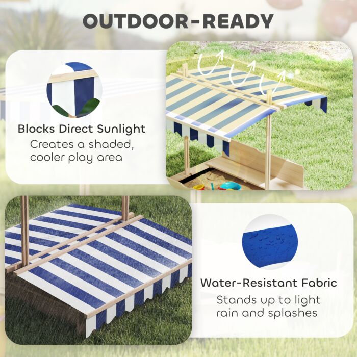 Outsunny Children Cabana Sandbox Kids Square Wooden Sandpit Outdoor Backyard Playset Play Station Adjustable Canopy, 106x106x121cm