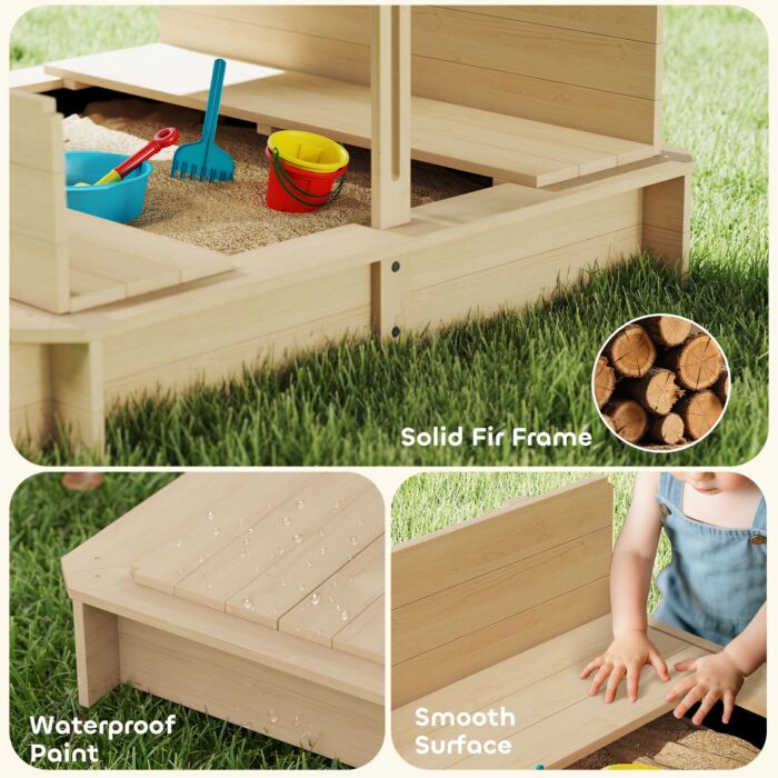 Outsunny Children Cabana Sandbox Kids Square Wooden Sandpit Outdoor Backyard Playset Play Station Adjustable Canopy, 106x106x121cm
