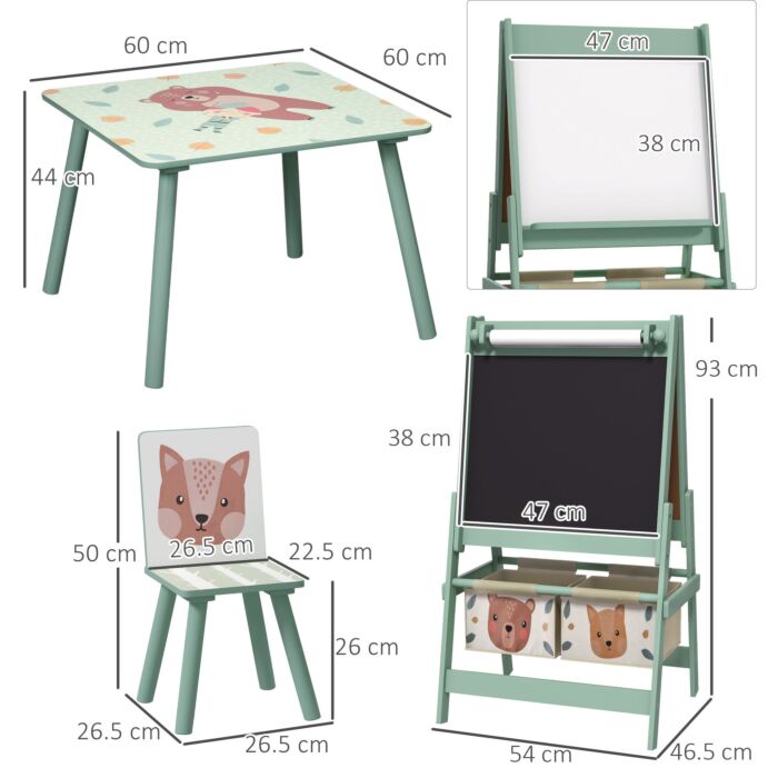 Zonekiz Kids Table And Chair Set And Kids Easel With Paper Roll, Storage Baskets, Kids Activity Furniture Set, Green
