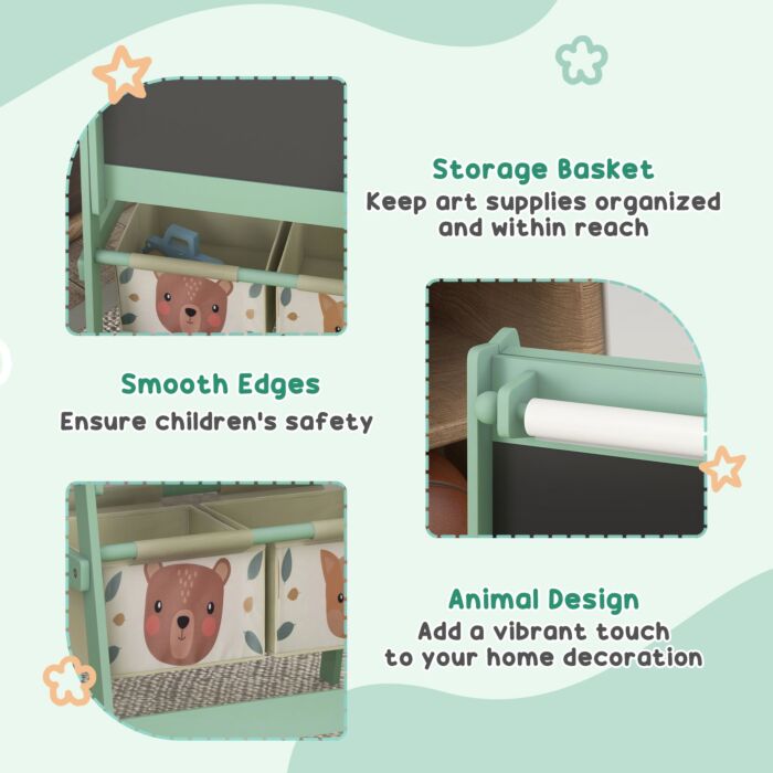 Zonekiz Kids Table And Chair Set And Kids Easel With Paper Roll, Storage Baskets, Kids Activity Furniture Set, Green