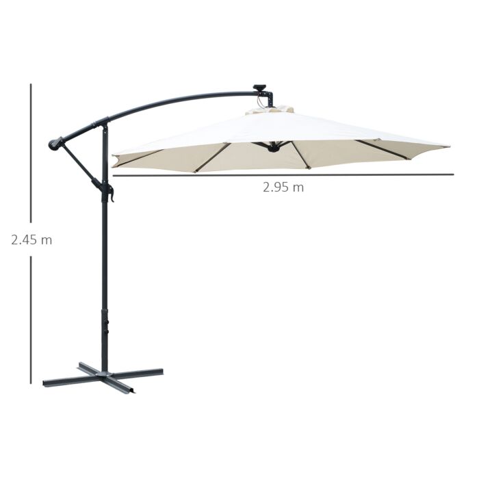 Outsunny 3(m) Led Cantilever Parasol Banana Garden Umbrella With Solar Lights, Crank Handle And Cross Base, Hanging Sun Shade, Off-white