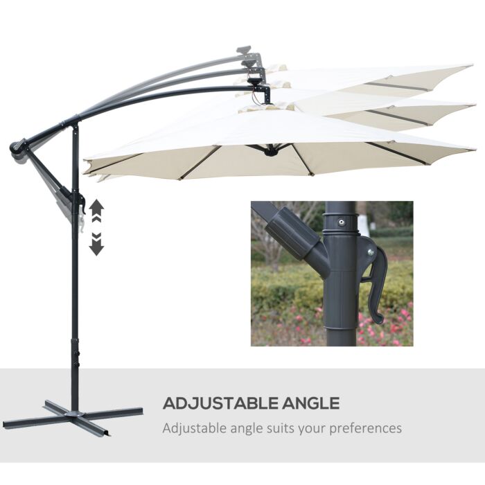 Outsunny 3(m) Led Cantilever Parasol Banana Garden Umbrella With Solar Lights, Crank Handle And Cross Base, Hanging Sun Shade, Off-white