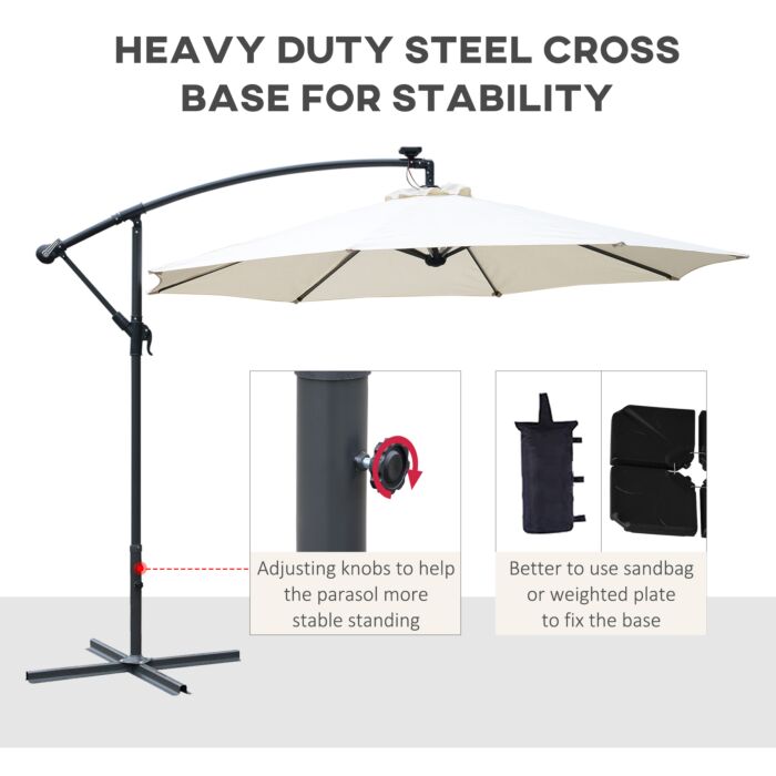 Outsunny 3(m) Led Cantilever Parasol Banana Garden Umbrella With Solar Lights, Crank Handle And Cross Base, Hanging Sun Shade, Off-white