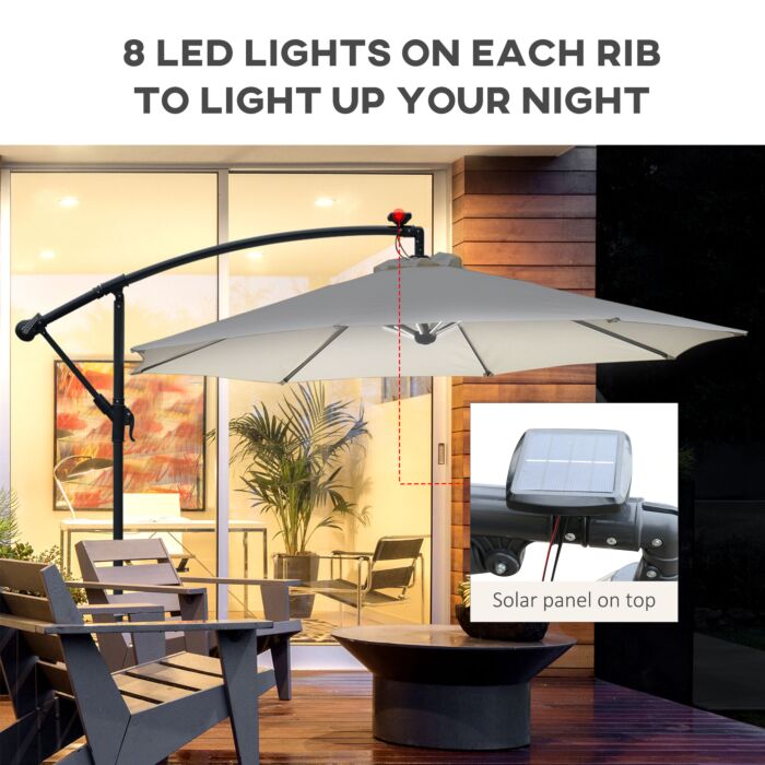 Outsunny 3(m) Led Cantilever Parasol Banana Garden Umbrella With Solar Lights, Crank Handle And Cross Base, Hanging Sun Shade, Off-white