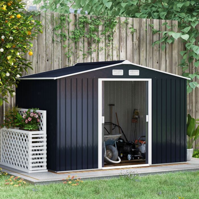 Outsunny 9 X 6ft Outdoor Garden Roofed Metal Storage Shed Tool Box With Foundation Ventilation & Doors, Dark Grey