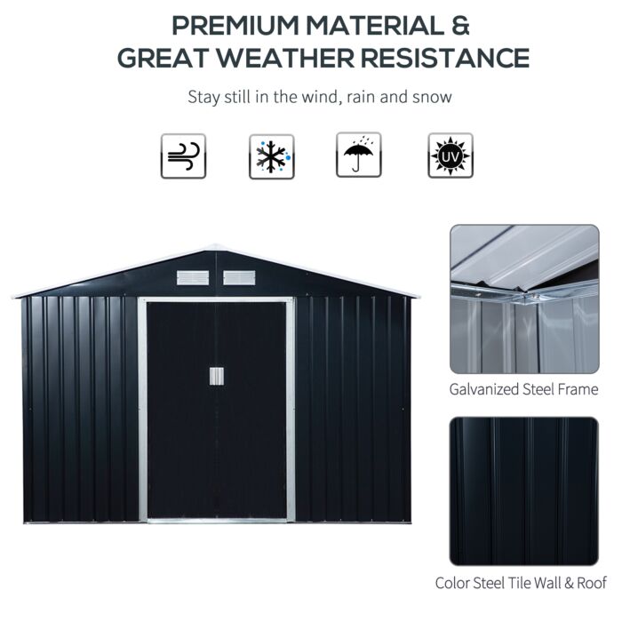 Outsunny 9 X 6ft Outdoor Garden Roofed Metal Storage Shed Tool Box With Foundation Ventilation & Doors, Dark Grey