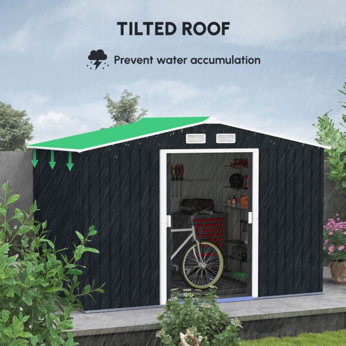 Outsunny 9 X 6ft Outdoor Garden Roofed Metal Storage Shed Tool Box With Foundation Ventilation & Doors, Dark Grey