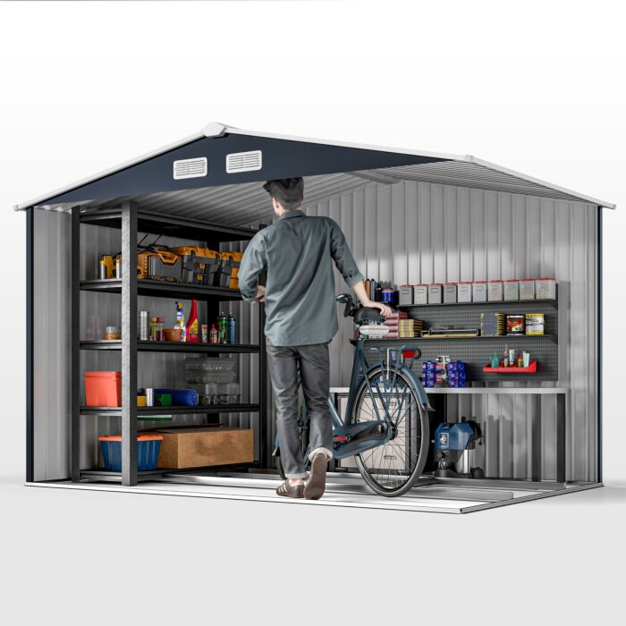 Outsunny 9 X 6ft Outdoor Garden Roofed Metal Storage Shed Tool Box With Foundation Ventilation & Doors, Dark Grey