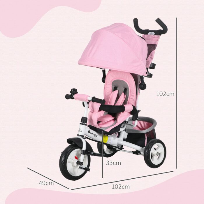 Homcom 4 In 1 Kids Trike Push Bike W/ Push Handle, Canopy, 5-point Safety Belt, Storage, Footrest, Brake, For 1-5 Years, Pink