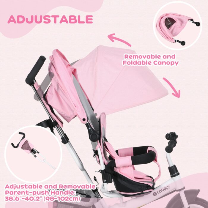 Homcom 4 In 1 Kids Trike Push Bike W/ Push Handle, Canopy, 5-point Safety Belt, Storage, Footrest, Brake, For 1-5 Years, Pink