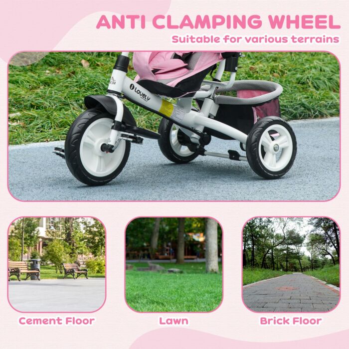 Homcom 4 In 1 Kids Trike Push Bike W/ Push Handle, Canopy, 5-point Safety Belt, Storage, Footrest, Brake, For 1-5 Years, Pink