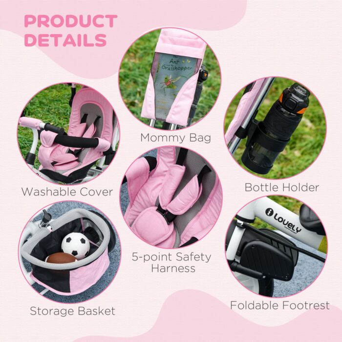 Homcom 4 In 1 Kids Trike Push Bike W/ Push Handle, Canopy, 5-point Safety Belt, Storage, Footrest, Brake, For 1-5 Years, Pink