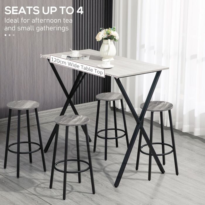 Homcom 120 Cm Rectangular Bar Table For 4 People, Modern Kitchen Table With Marble Effect Tabletop, Steel Legs, Home Bar, White