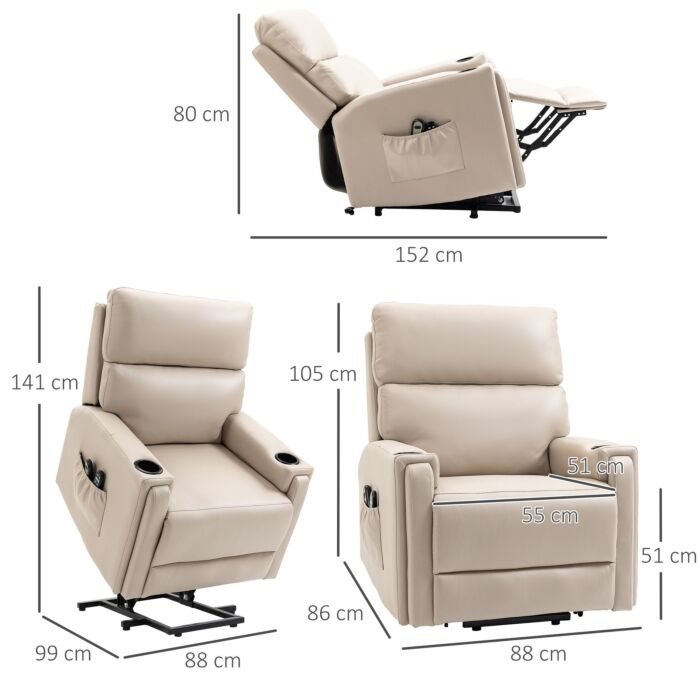 Homcom Lift Chair, Electric Riser And Recliner Chair With Vibration Massage, Heat, Cup Holders, Side Pockets, Beige