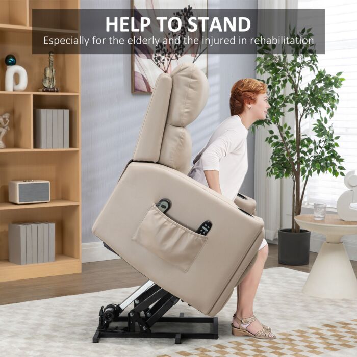 Homcom Lift Chair, Electric Riser And Recliner Chair With Vibration Massage, Heat, Cup Holders, Side Pockets, Beige