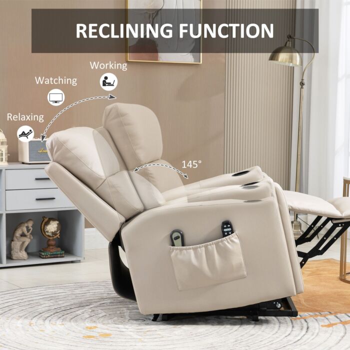 Homcom Lift Chair, Electric Riser And Recliner Chair With Vibration Massage, Heat, Cup Holders, Side Pockets, Beige