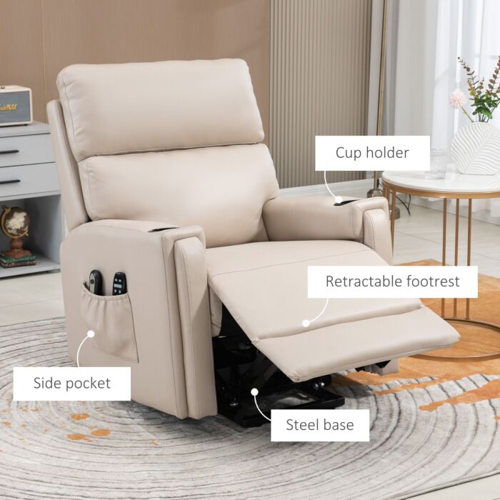 Homcom Lift Chair, Electric Riser And Recliner Chair With Vibration Massage, Heat, Cup Holders, Side Pockets, Beige