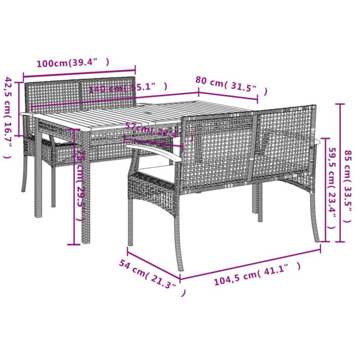 Vidaxl 3 Piece Garden Dining Set With Cushions Beige Poly Rattan