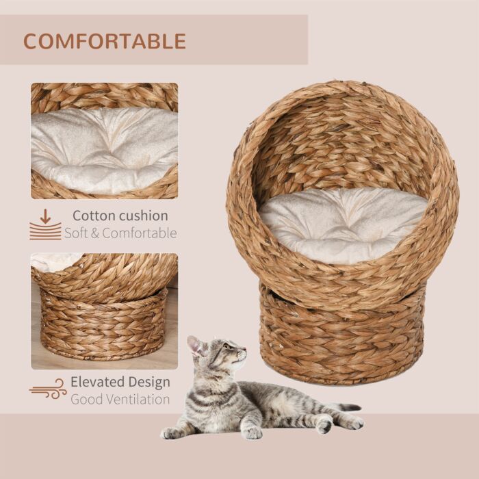 Pawhut Wicker Cat Bed, Raised Rattan Cat Basket With Cylindrical Base, Soft Washable Cushion, Brown, 50 X 42 X 60 Cm