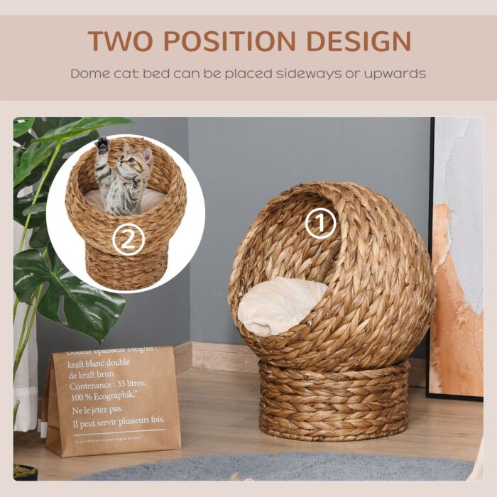 Pawhut Wicker Cat Bed, Raised Rattan Cat Basket With Cylindrical Base, Soft Washable Cushion, Brown, 50 X 42 X 60 Cm