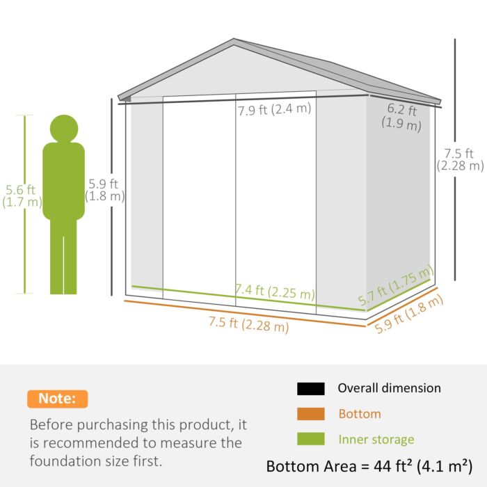 Outsunny 8 X 6ft Garden Shed With Foundation Kit, Polypropylene Outdoor Storage Tool House With Ventilation Slots And Lockable Door, Grey