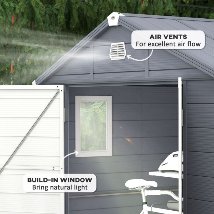 Outsunny 8 X 6ft Garden Shed With Foundation Kit, Polypropylene Outdoor Storage Tool House With Ventilation Slots And Lockable Door, Grey