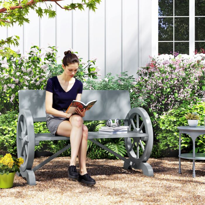 Outsunny Fir Wood 2-seater Outdoor Garden Wagon Wheel Bench, Grey