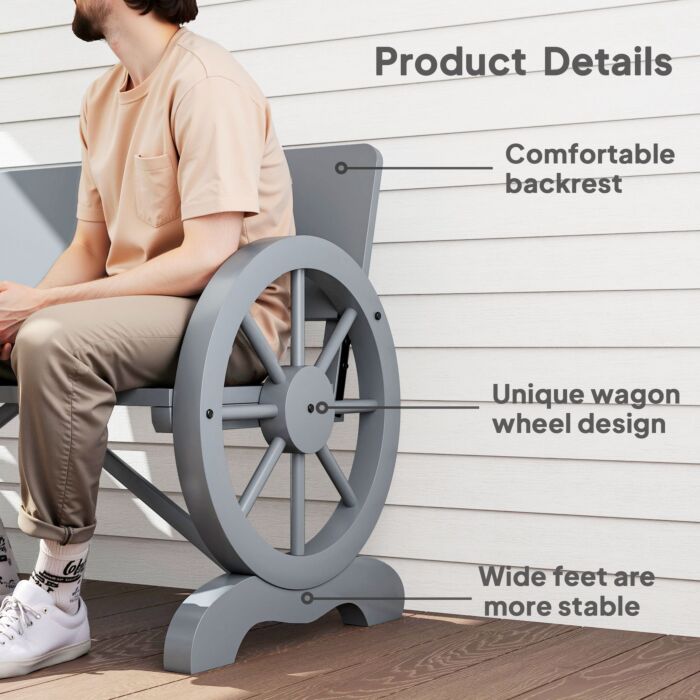 Outsunny Fir Wood 2-seater Outdoor Garden Wagon Wheel Bench, Grey