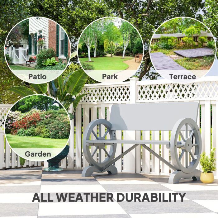 Outsunny Fir Wood 2-seater Outdoor Garden Wagon Wheel Bench, Grey