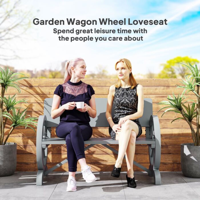 Outsunny Fir Wood 2-seater Outdoor Garden Wagon Wheel Bench, Grey