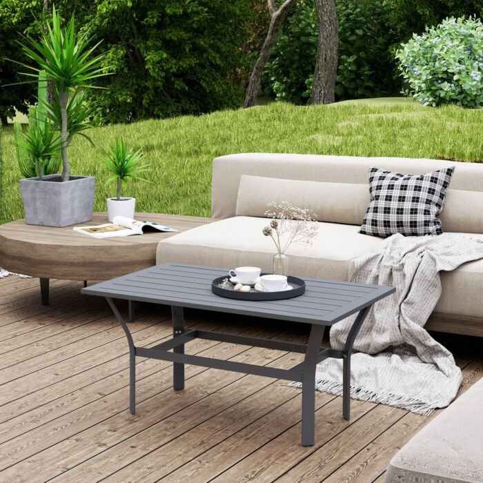 Outsunny Metal Garden Coffee Table, Rectangular Outdoor Side Table With Slatted Tabletop, Foot Pads For Outside, Garden, Balcony, Porch, 91.5 X 55 X 45cm, Dark Grey