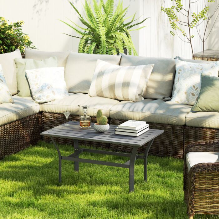 Outsunny Metal Garden Coffee Table, Rectangular Outdoor Side Table With Slatted Tabletop, Foot Pads For Outside, Garden, Balcony, Porch, 91.5 X 55 X 45cm, Dark Grey