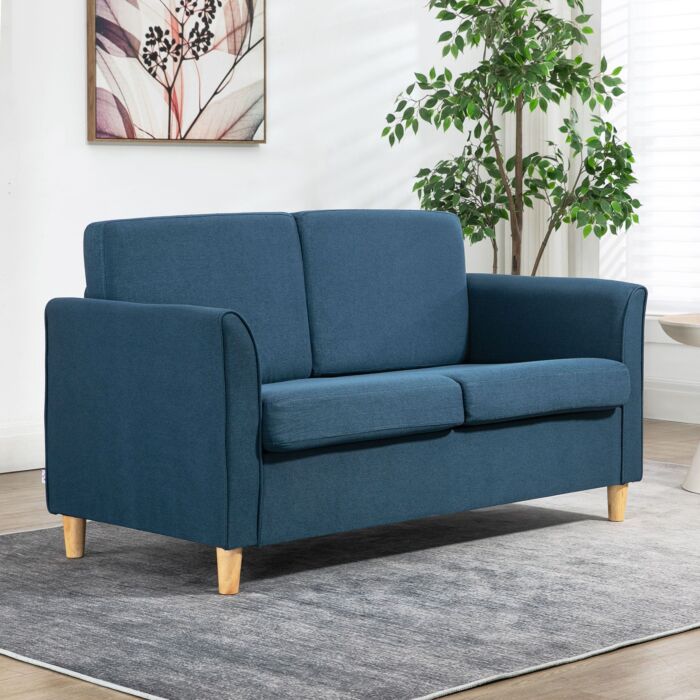 Homcom Compact Loveseat Sofa, Modern 2 Seater Sofa For Living Room With Wood Legs And Armrests, Blue