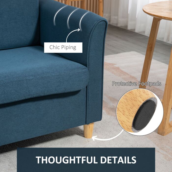 Homcom Compact Loveseat Sofa, Modern 2 Seater Sofa For Living Room With Wood Legs And Armrests, Blue