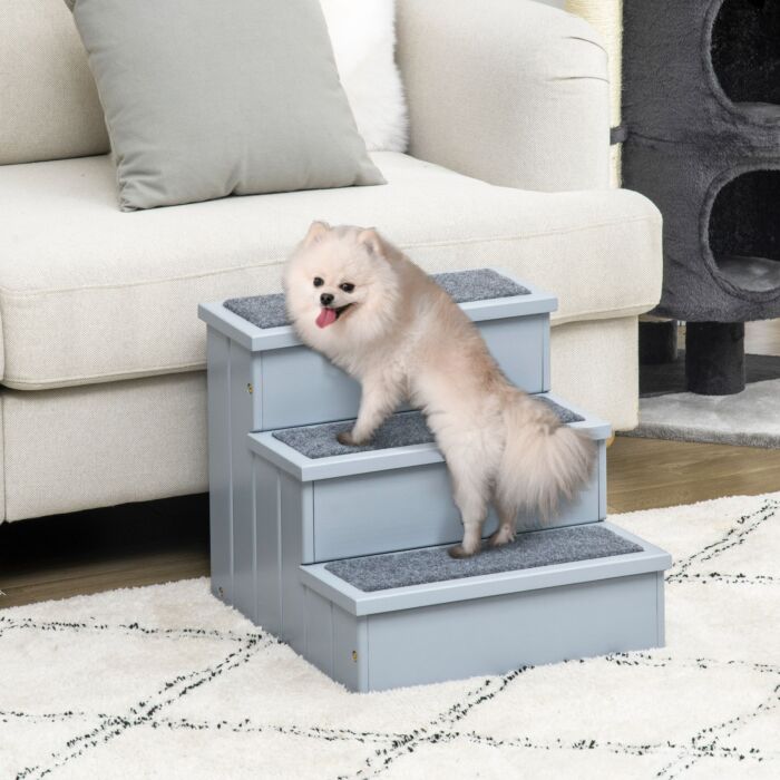 Pawhut 3 Step Wooden Pet Stairs Steps Dog Stairs Carpet Non Slip Grey