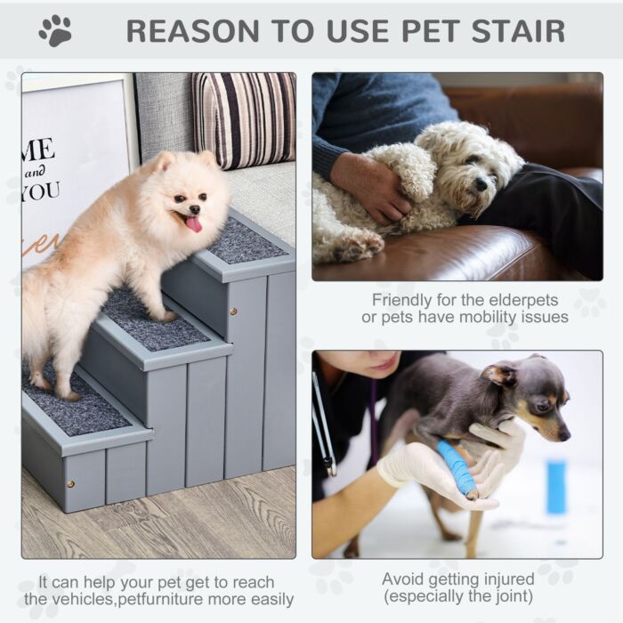Pawhut 3 Step Wooden Pet Stairs Steps Dog Stairs Carpet Non Slip Grey