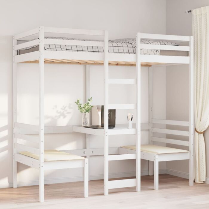 Vidaxl Loft Bed Frame With Desk And Chairs White 90x190cm Solid Wood Pine