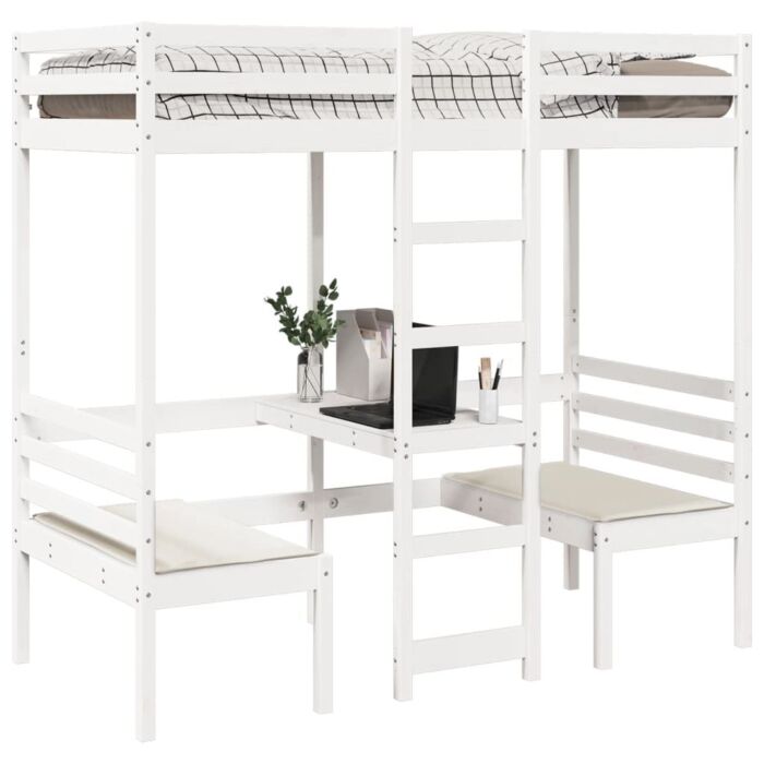 Vidaxl Loft Bed Frame With Desk And Chairs White 90x190cm Solid Wood Pine