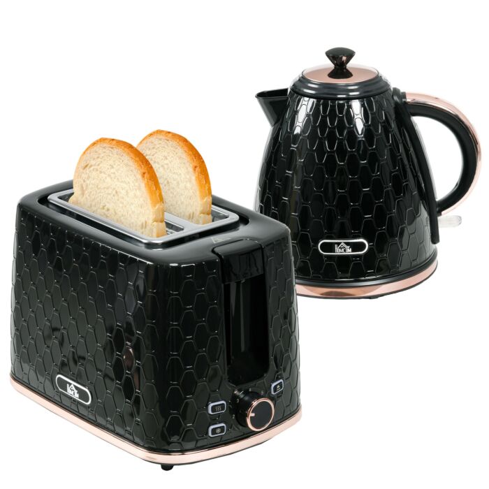 Homcom 1.7l 3000w Fast Boil Kettle & 2 Slice Toaster Set, Kettle And Toaster Set With Auto Shut Off, Browning Controls, Black