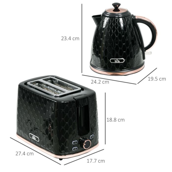 Homcom 1.7l 3000w Fast Boil Kettle & 2 Slice Toaster Set, Kettle And Toaster Set With Auto Shut Off, Browning Controls, Black
