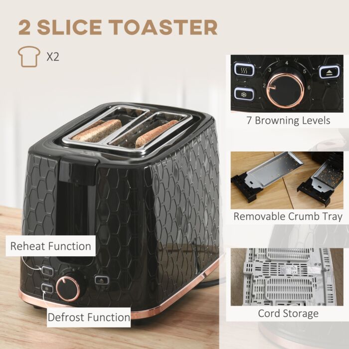Homcom 1.7l 3000w Fast Boil Kettle & 2 Slice Toaster Set, Kettle And Toaster Set With Auto Shut Off, Browning Controls, Black