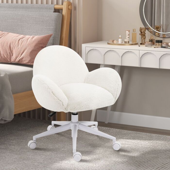 Homcom Makeup Vanity Chair, Cute Fluffy Desk Chair With Rolling Wheels Cream White