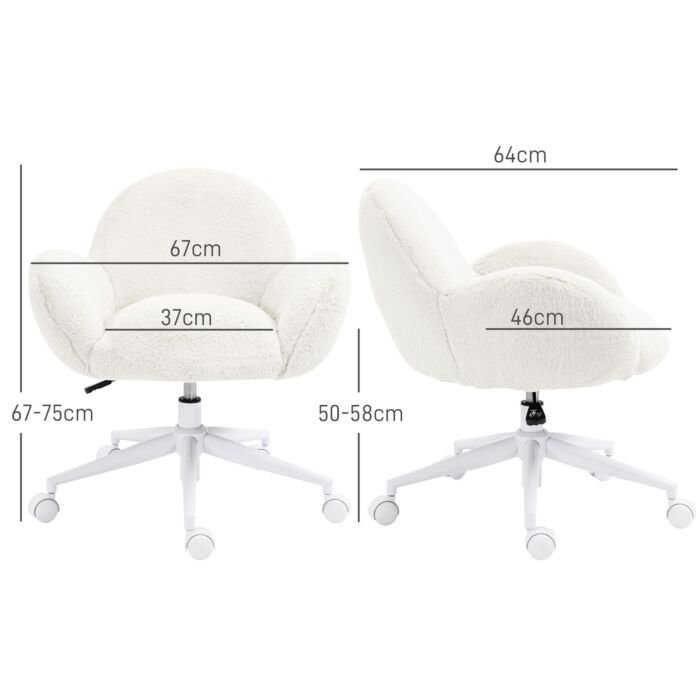 Homcom Makeup Vanity Chair, Cute Fluffy Desk Chair With Rolling Wheels Cream White