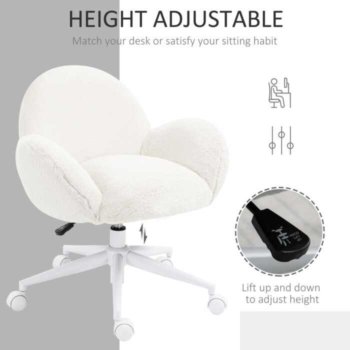 Homcom Makeup Vanity Chair, Cute Fluffy Desk Chair With Rolling Wheels Cream White